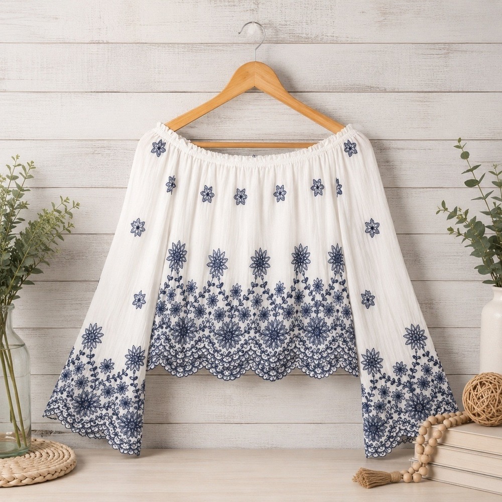 Vivace Vintage Y2K Embroidered Off Shoulder Crop Top Flare Sleeve White Blue M